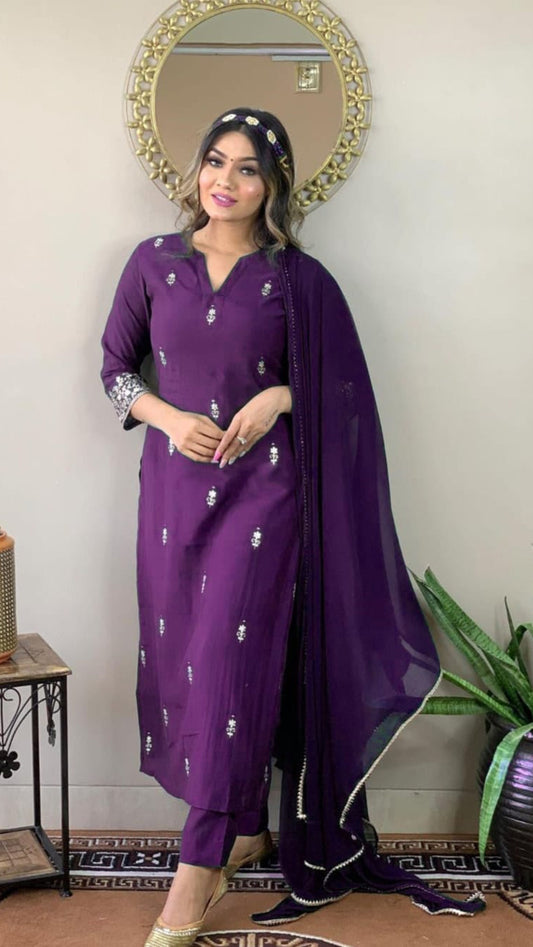 Clothas Goegeous Embrodery Work  Rayon Kurti Pant And Duppatta Jessica Purple