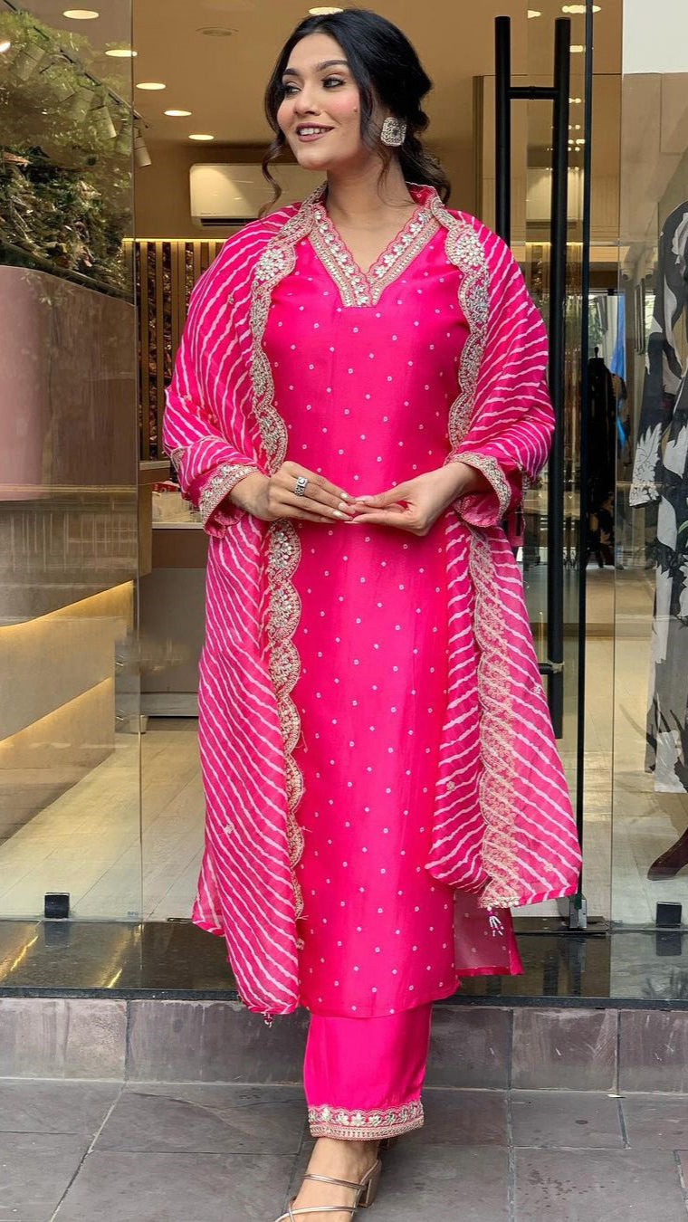 Clothas Goegeous Embrodery Work Kurti Pant And Duppatta Jenny Pink