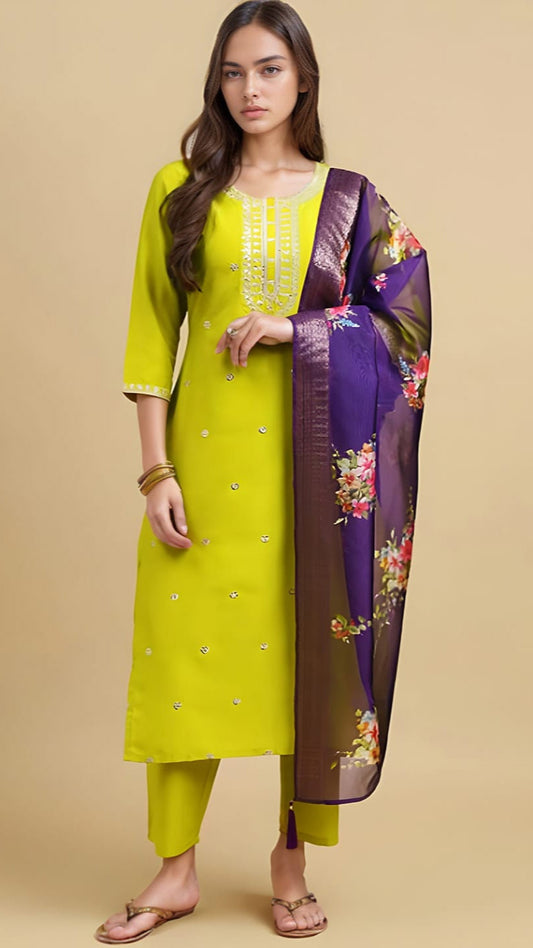Clothas Women Regular Kurti with Trousers & With Dupatta Lime Yellow