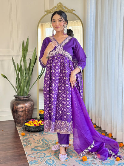 Embroidery Chanderi Kurti Pant With Dupatta Ravee Purple