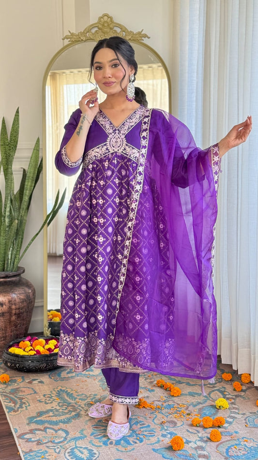Embroidery Chanderi Kurti Pant With Dupatta Ravee Purple