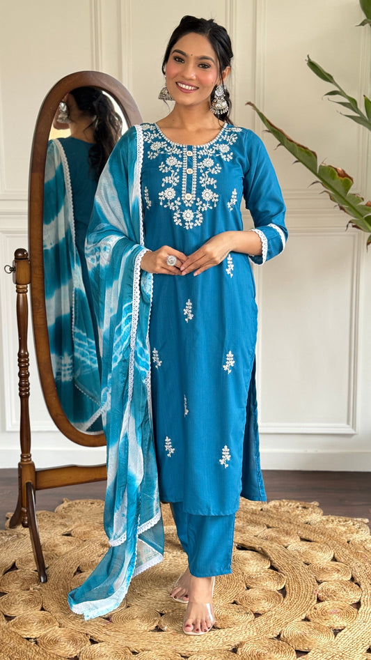 Clothas Goegeous Embrodery Work Kurti Set Blue Janvi