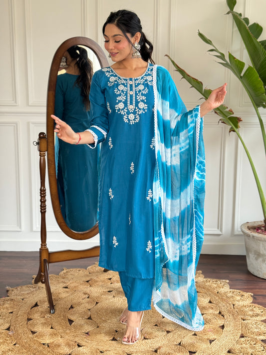 Clothas Goegeous Embrodery Work Kurti Set Blue Janvi