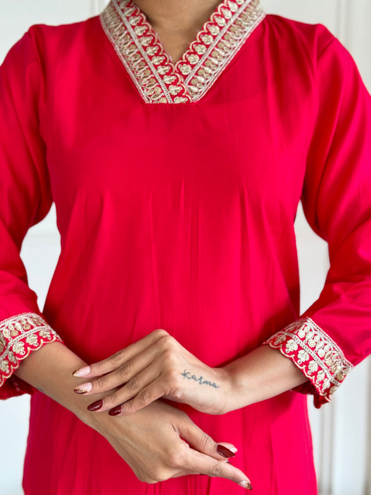 Embroidery Chanderi Kurti Pant With Dupatta Red Parul