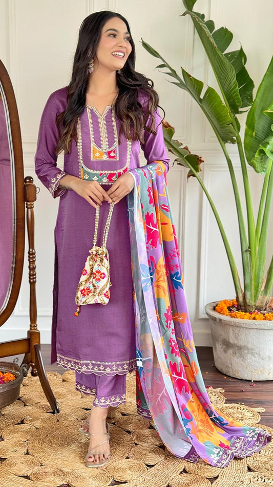 Clothas Women Viscose Slub Kurti Pant with Dupatta Purple