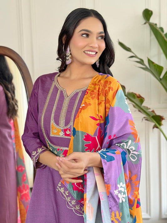 Clothas Women Viscose Slub Kurti Pant with Dupatta Purple