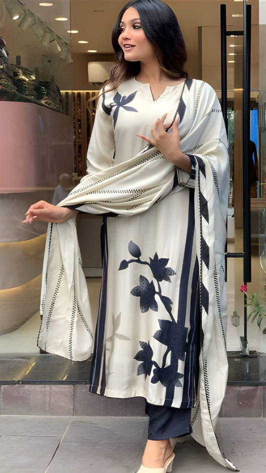 Clothas Goegeous Embrodery Work Kurti Pant With Duppatta Black And White -Barbie