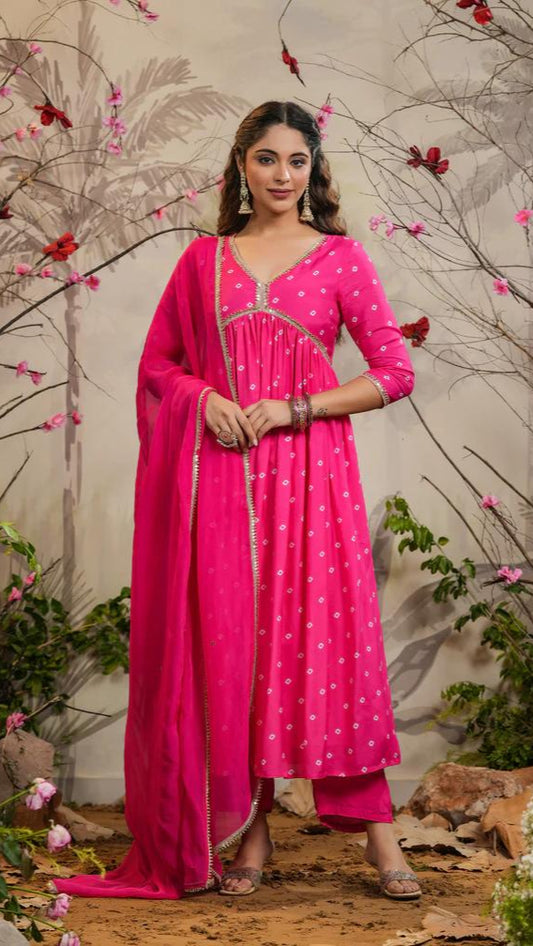 Embroidery Chanderi Kurti Pant With Dupatta Nehal Rani Pink
