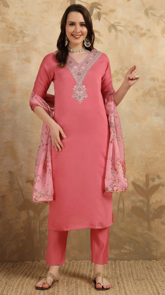 Clothas Women Chanderi Embroidery Kurti Pant with Duppata Peach