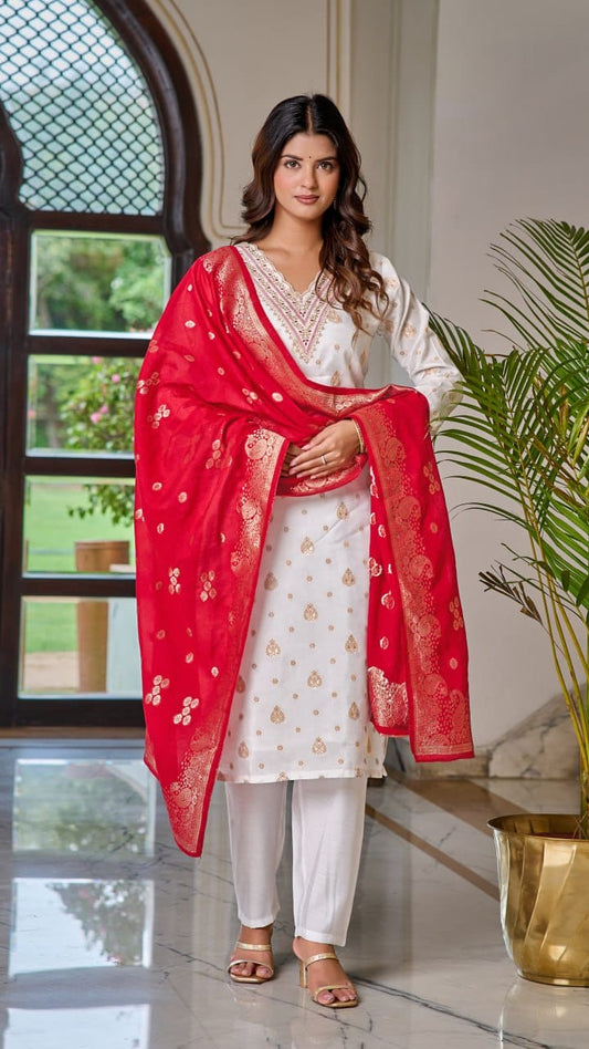 Clothas Women Jaquard Embroidery Kurti Pant with Duppata White Red