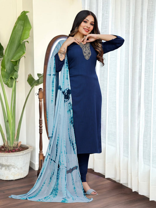 Clothas Women Magic Slub Kurti Pant with Duppata Petrol
